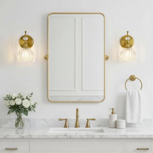 Image of ANDY STAR 1-Light Brushed Gold Bathroom Vanity Light, Transitional Sconce | Ribbed Glass & Crystal Accent, Damp-Resistant, Heat-Resistant E12 Base, Reversible Up /Down Mounting