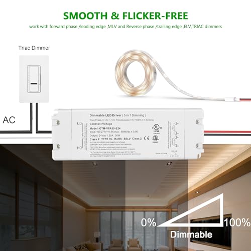 Image of 30W 24V Dimmable LED Driver, 5-in-1 Dimming Power Supply, Class 2 AC 100-277V Transformer for LED Strip Lights, Flicker-Free, Compatible with Lutron & Leviton, Constant Voltage, UL Listed