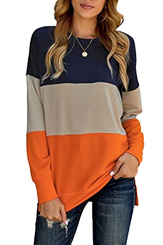 KINGFEN T-Shirts für Damen, langärmelig, gestreift, Farbblock, Damenpullover, Rundhalsausschnitt, Herbst, Basic, lose Oberteile, B0|orange, 40-42 Cover