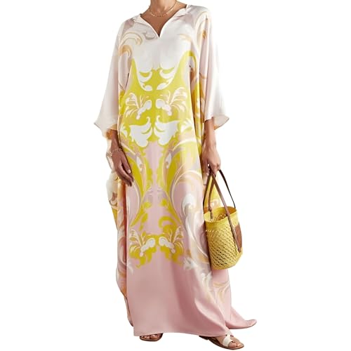 Women's Printed Silk & Satin Kaftan Dresses – Calf/Maxi Length – Loose Fit Lounge, Beach & Party Wear – Free Size