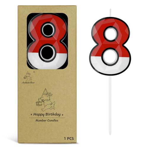 AndiluluBear 2.76 Inch Cartoon Red and White Birthday Candles Anime Themed Numeral Cake Topper Decoration Birthday Cake Candles for Boys Girls Kids Party Supplies (Number 8)