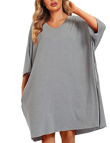 Image of KFUBUO Plus Size Nightgowns for Women Oversized Sleep Tshirts Dress Short Sleeves Sleepwear With Pocket Fit S-5XL