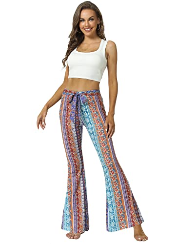 WSPLYSPJY Women's Floral & Paisley Print Knot Front Flare Leg Pants Bowknot Tie Belted