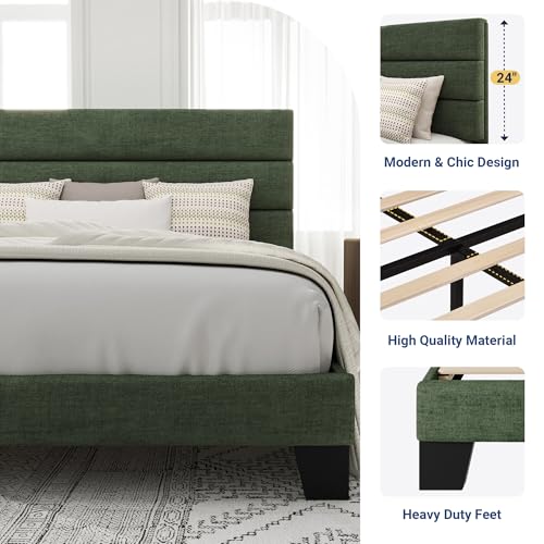 Image of Allewie Full Size Platform Bed Frame with Fabric Upholstered Headboard and Wooden Slats Support, Fully Upholstered Mattress Foundation /No Box Spring Needed /Easy Assembly, Green