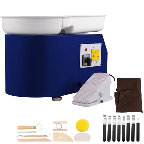 Happybuy 28cm Pottery Wheel with Detachable Basin, 350W Foot Pedal Control DIY Clay Tool for Art Crafts, Home Use, Blue, 18 Pieces