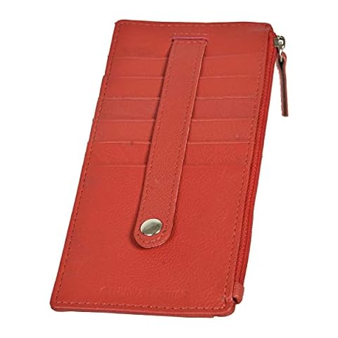 Leatherboss Genuine Leather Women's All in One Credit Business Card Case Holder Slim Zipper Wallet With a Card Protection Strap, Red Cover