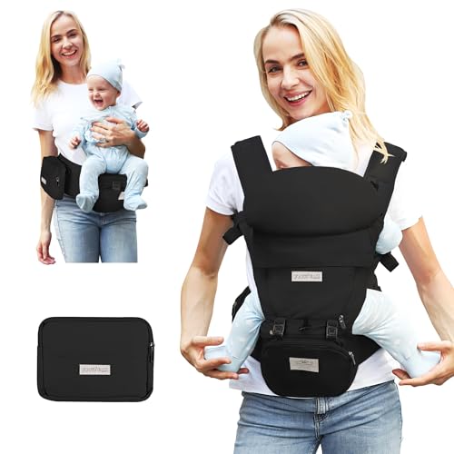 Image of FRUITEAM Baby Carrier Newborn to Toddler, Safety-Certified Waist Stool with Hip Seat, Ergonomic 6-in-1 Baby Carrier with Head Support, Adjustable & Removable Baby Holder for All Seasons, Black