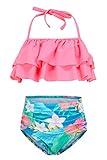 Girls Two Piece Swimsuits High Waisted Falbala Bikini Bathing Suit Set Kids Halter Neck Swimwear Size 12/10-12