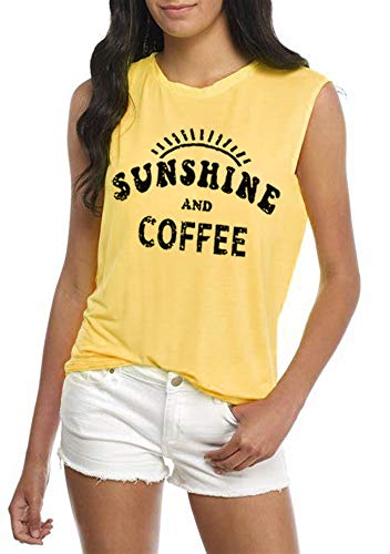 Umsuhu Sunshine and Coffee Tank Casual Summer Graphic Tank Tops for Women Sleeveless Graphic Tank Tops Tee Shirts (Small, Yellow)