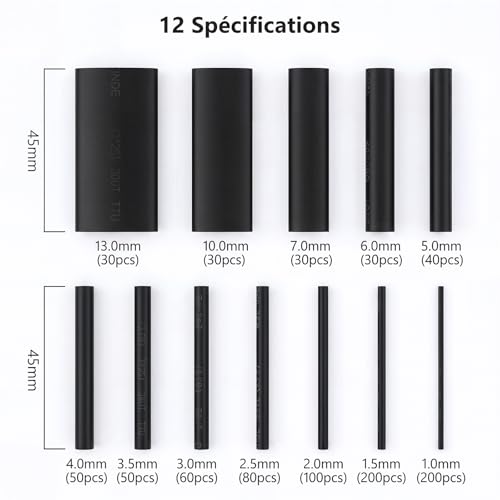 Vinabo Schrumpfschlauch Set 900 Stück, 2:1 Schrumpfverhältnis, 12 Größen von 1mm bis 13mm, 45mm Länge, PE-Schrumpfschlauch für Kabelisolierung, Drahtverbindungen und Reparaturen – Schwarz