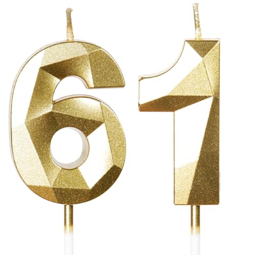 Yiran Velas de cumpleaños número 61, velas doradas con el número 61, decoraciones para tartas para fiestas de cumpleaños, suministros de celebración de aniversario de boda