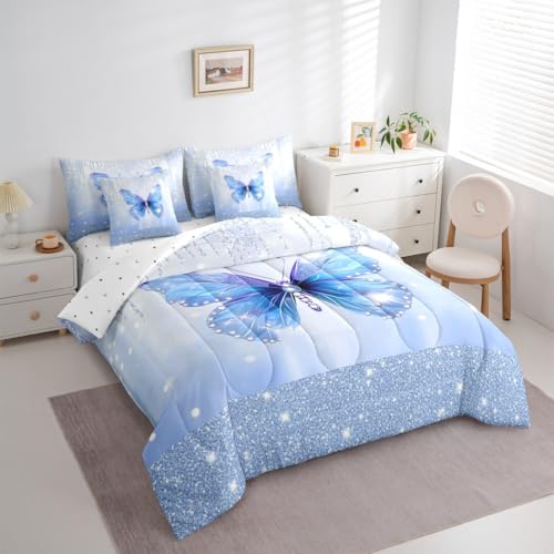 Image of Feelyou Butterfly Queen Comforter Set with Sheets for Kids Boys Girls Dreamy Princess 7 Pieces Bedding Set Glitter Bed in a Bag Watercolor Butterflies Room Decor Soft Lightweight Microfiber