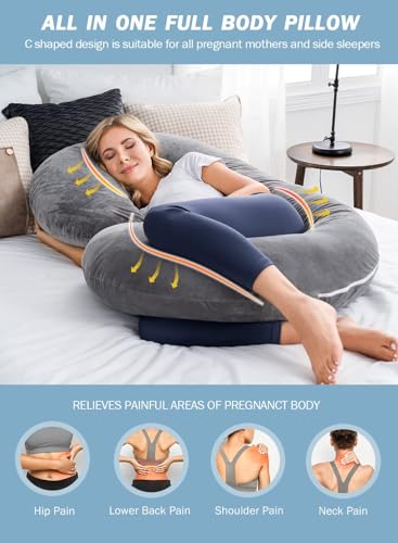 Image of INSEN Pregnancy Pillow, Maternity Body Pillow with Pillow Cover, C Shaped Body Pillow for Pregnant Women, Velvet, Silk Fiber, Grey