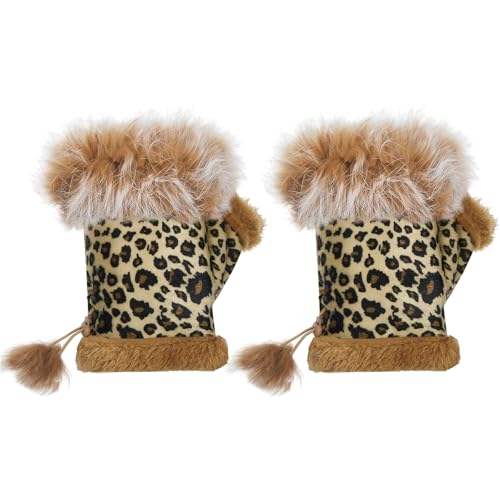 SATINIOR 1 Pairs Women Fur Fingerless Gloves Winter Rabbit Fur Lined Half Finger Mittens for Women Girls Teen Working Writing (Leopard Camel)