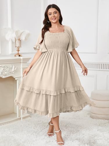 Image of SCOMCHIC Women's Plus Size Maxi Dresses Summer Short Sleeve Square Neck Smocked Wedding Guest Cocktail Boho Long Dress