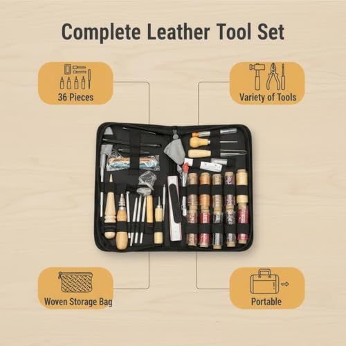 HGUANGJ Leather Working Tool Set, Practical Leather Craft Kit for Beginners Adults, Leather Sewing Tools with Supplies, DIY Leather Set for Belt Wallet Making — view 2
