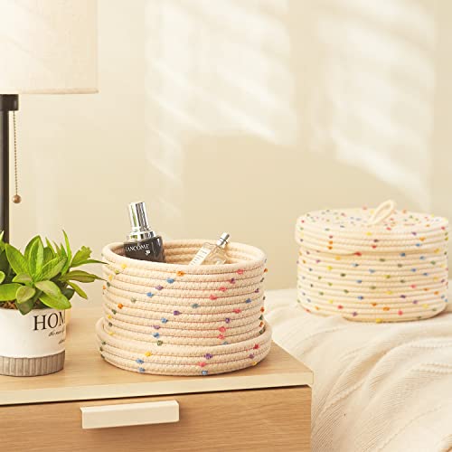 Esme L&H Round Baskets With Lids - Basket Set Of 2 Small Rope Woven Storage Baskets -Colorful Rainbow Pompom - Small Decortive Storage Basket, Bin, Container For Organizing #TOP4