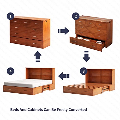 Zafly Cabinet Bed Queen,Murphy Bed Queen Size,Super Space-Saving Murphy Cabinet Bed,Murphy Bed Chest Queen Size With Large Drawers & Usb Charging Station & Folding Foam Mattress(Cherry) #TOP5