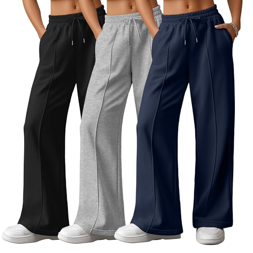 JoyMotion 3 Pack Women's Wide Leg Lounge Pants High Waisted Baggy Sweatpants Drawstring Athletic Yoga Joggers with Pockets(Navy Blue, Light Gray, Black,Medium)