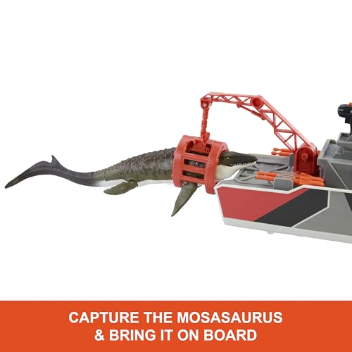 image for Matchbox Toy Car Playset, Jurassic World 12.5” Dino Boat with 13” 
