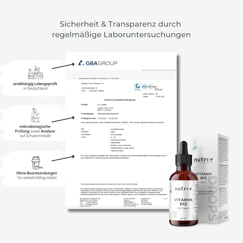 Nutri + Vitamin B12 Tropfen 50 ml hochdosiert + vegan - B 12 Flüssig 500 µg - Drops mit bioaktivem Methylcobalamin & Adenosylcobalamin ohne Alkohol