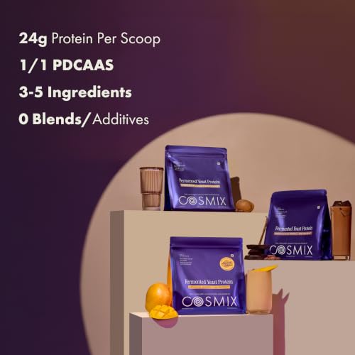 Image of Cosmix Fermented Yeast Protein Powder | 24g Protein | Made with Real Mango | High Absorption with PDCAAS of 1 | No Dairy | Made In-House | Smooth, Tasty & Gut-Friendly | Ratnagiri Mango, 1Kg Pouch