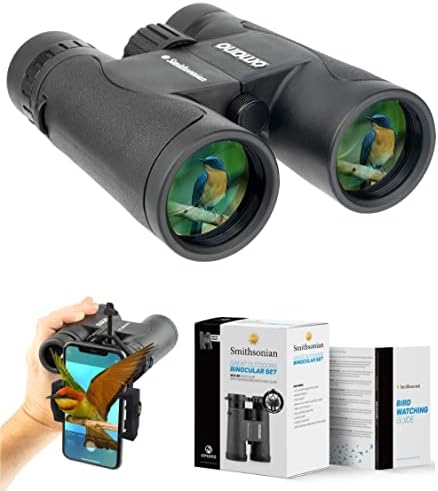 Bird Watching Binoculars for Adults by Smithsonian – 10x42 Binoculars for Bird Watching, Hiking, Travel – Birding Binoculars with Phone Adapter, Adjustable Diopter – Bird-Watching Guide Included