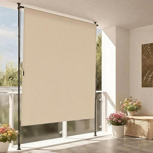 Tenda da sole verticale impermeabile per esterni, con manovella, 2 m, morsetto senza trapano, protezione solare e privacy per balcone e terrazza (beige)