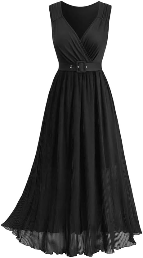 Women Ruched Surplice Ruffles Textured Tank Dress with Buckle Belt Spring Casual V-Neck Dress