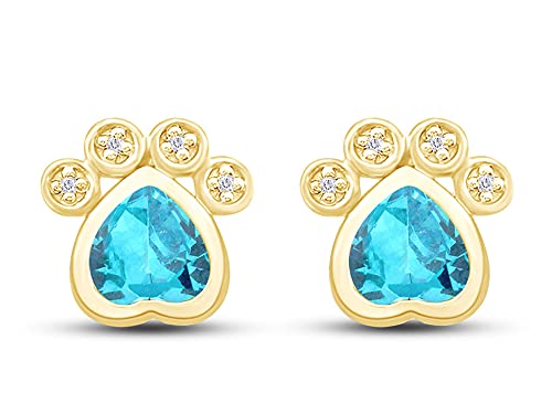 Paw Print Earrings for Women, 14K Gold Over Sterling Silver with Heart Cut Simulated Birthstone & Round White Cubic Zirconia, Push Back Studs, Pet Lover Jewelry Gift