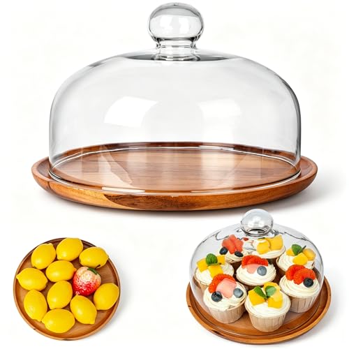 10 Inch Wooden Base Cake Display Stand with Glass Dome,Cloche Clear Glass Bell Jar Cover for Dessert Cheese Candy Plants Succulents（for Sizes up to 8.5 "）