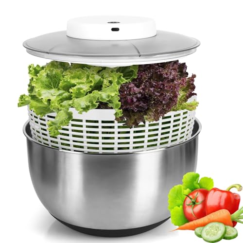 Salad Spinner Large, 4.8 L Stainless Steel Vegetables Washer Dryer, Electric Household Fruit Dehydrator Drainer, Fruit Vegetable Strainer Spinner, Non-Slip Base