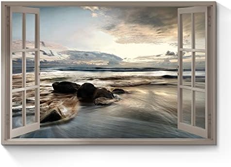 Ocean Open Window Wall Art: Lake Under Sunset Canvas Painting Sunset Beach Picture Coastal Modern Relax Artwork Large Quiet Seascape Photo Nature Landscape for Bedroom Office Living Room