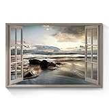 SunFlax Ocean Open Window Wall Art: Lake Under Sunset Canvas Painting Sunset Beach Picture Coastal Modern Relax Artwork Large Quiet Seascape Photo Nature Landscape for Bedroom Office Living Room