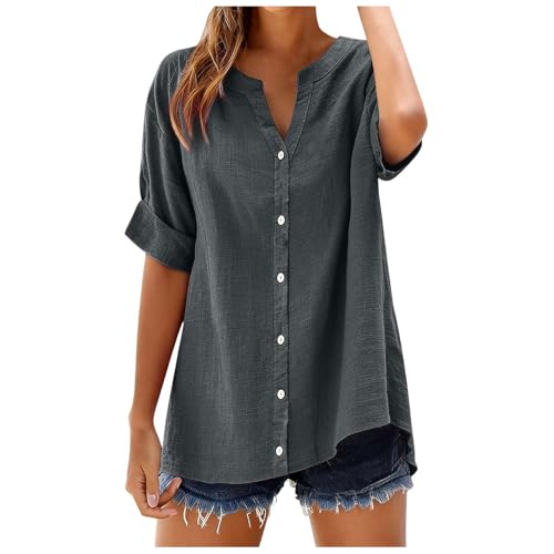 Genérico Camiseta Lino Mujer Camisas Blusa de Lino y Algodón de Botones Cuello En V Casual Camiseta Basic Tops Fiesta Suelto T Shirt Camisa Y Algodón para Vacaciones