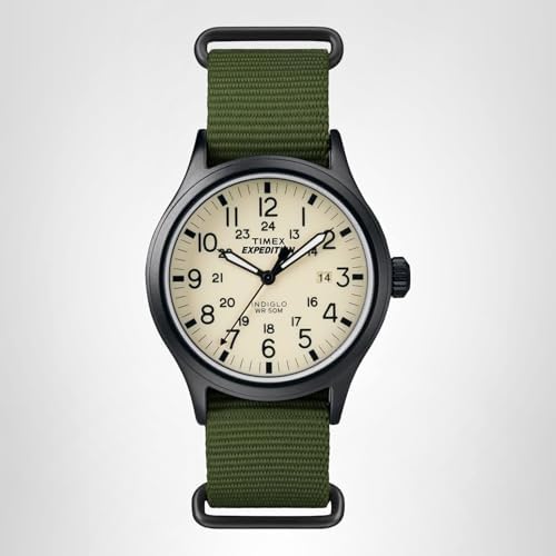 Timex Men's Expedition Scout 40mm Watch β Black Case Cream Dial with Green Fabric Strap - 4