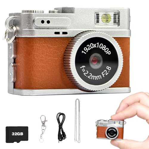 Mini Retro Camera,1080P Keychain Camera, Vintage Tiny Digital Video Recorder with 32GB Card, 0.96'' HD Retro Snap Micro Recorder for Travel Study(Brown)