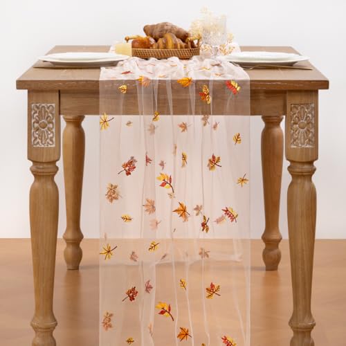 Image of Maple Leaf Embroidery Fall Table Runner White Sheer Tulle Table Runner, 3PC