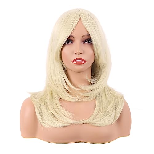 MapofBeauty 20 Inch/50 cm Long Layered With Bangs Straight Synthetic fiber Shoulder Length Hair for Daily Use or Party Wig (Light Blonde)