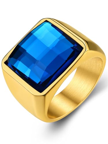 GoldChic Anillo Sello Cristal Azul Dedo Menique Anillo Grande Oro Hombre, Talla 64.6 Anillo Solido Bueno Peso