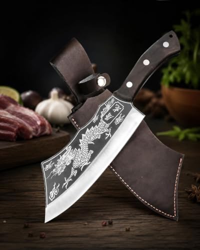 Dragon Engraved Butcher Knife with Leather Sheath, High Carbon Steel Meat Cleaver, Razor Sharp Kitchen Chopper for Meat, Chicken, Fish & Vegetables, Ergonomic Full Tang Wooden Handle - 1