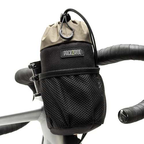 PACK2RIDE Bongo Bike Handlebar Bag - Water Resistant & Durable Fabric Bicycle Water Bottle Holder, Secure Attachment Bikepacking Stem Bag, Front Biking Storage, Bike Organizer for Cycling - Black