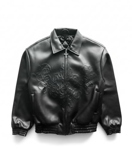 Image of Stygian Emboss Jacket, Black Leather, Embossed Design, Zip Front with Studded Cuffs