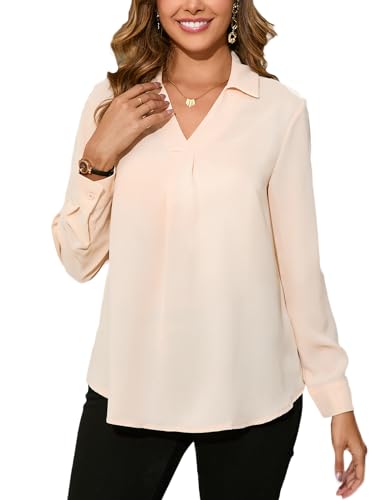 Dosieyeo Camicia da donna elegante con scollo a V, tunica con colletto, a maniche lunghe, scorrevole, casual, facile da pulire, beige., S
