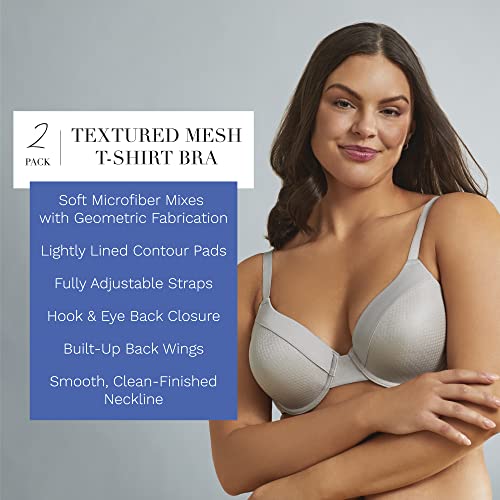 Ellen Tracy Everyday T-Shirt Bra With Underwire - Solid And Textured Mesh Overlay - 2-Pack Multipack - 36B, Sterling With Mesh/Dark Navy #TOP3