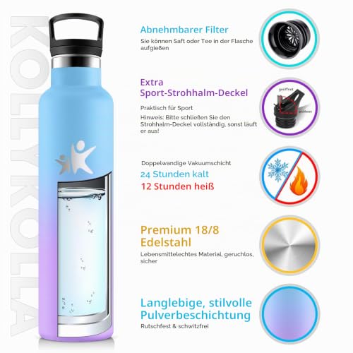 KollyKolla Thermosflasche 1L, Wasserflasche Kohlensäure Geeignet, Trinkflasche Edelstahl mit Strohhalm, Isolierflasche Auslaufsicher… – Ansicht 2