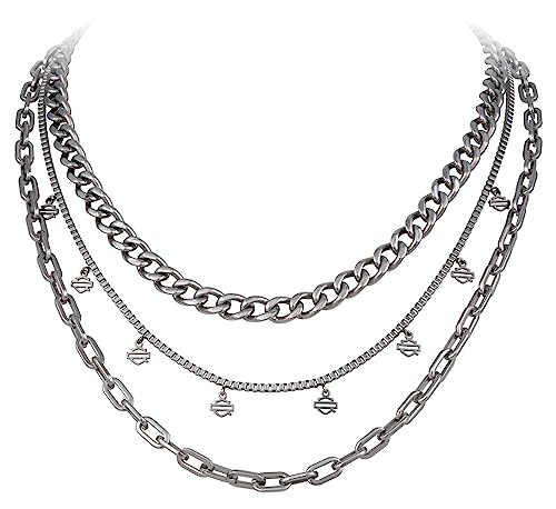 Harley-Davidson Women's Multi-Layers Dangle Bar & Shield Necklace Combo - Silver