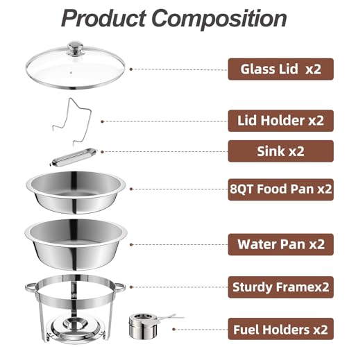 KWDOBUUS 2 Packs Chafing Dish Buffet Set,8QT Round Glass Cover Stainless Steel Buffet Servers and Warmers, Thick Stand Frame Catering Chafe with Mirror Covers,Food Warmer for Party, Weddings,Picnic by KWDOBUUS - Image 2