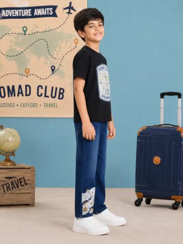 Image of KiddoPanti Boys Printed Co-Ords Set | 100% Cotton & Cottnon Spandex Woven | Drop Shoulder Tshirt with Jeans | Graphic Printed Design| Outerwear For Kids