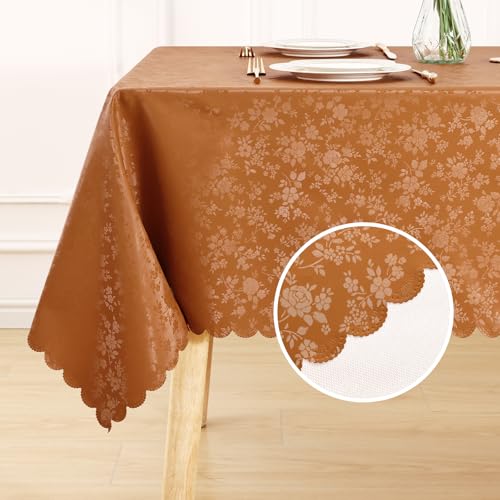 Image of Smiry Rectangle Waterproof Heavy Duty Vinyl Tablecloths, 60 x 120 Inch | Wipeable Washable Floral Embossed Table Cover for Kitchen and Dining Room, Indoor & Outdoor Use, Bronze